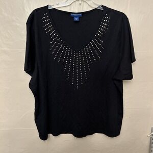 Karen Scott 3X Black V Neck Short Sleeve Top With Studs‎